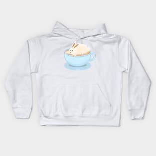 Cute bunny cappuccino in a blue cup Kids Hoodie